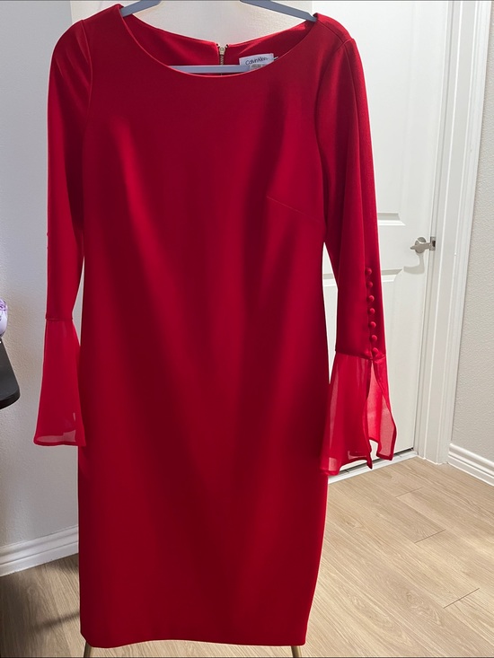 Calvin Klein Dresses & Skirts - Calvin Klein Vibrant Red Long-Sleeve Sheath Dress with Bell Sleeves